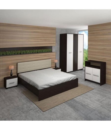 Dormitor Madrid, 5 Piese, Pat Tablie Tapitata Alb 160 X 200, 2Noptiere, Dulap, Comoda, Culoare Wenge/Alb