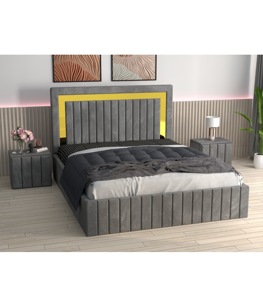 Pat Tapitat Ianis Gri+ Saltea Lux Ortopedica + Noptiere Tapitate