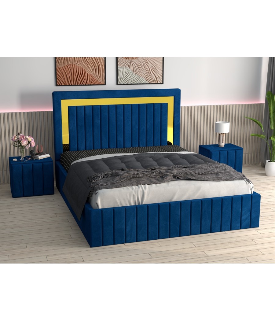 Pat Tapitat Ianis Albastru + Saltea Lux Ortopedica + Noptiere Tapitate