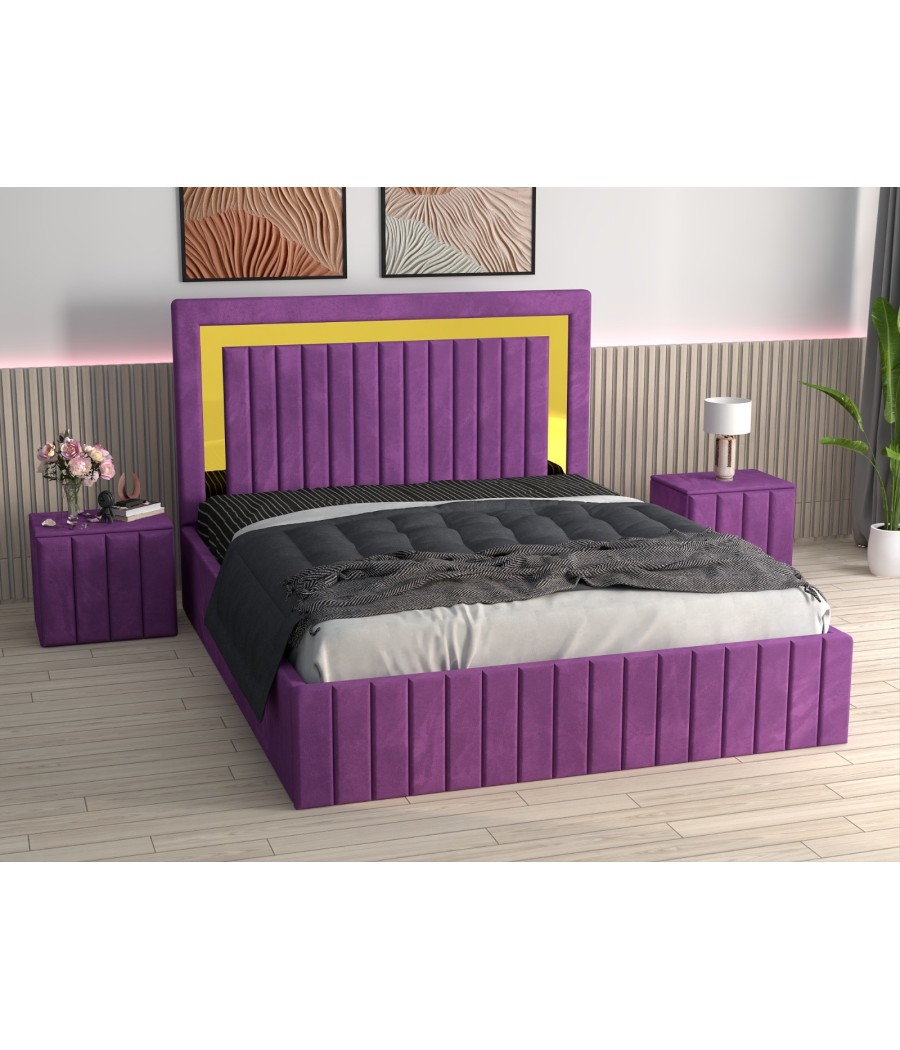 Pat Tapitat Ianis Mov + Saltea Lux Ortopedica + Noptiere Tapitate