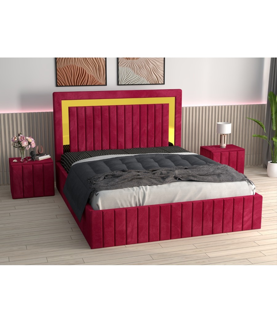 Pat Tapitat Ianis Rosu + Saltea Lux Ortopedica + Noptiere Tapitate