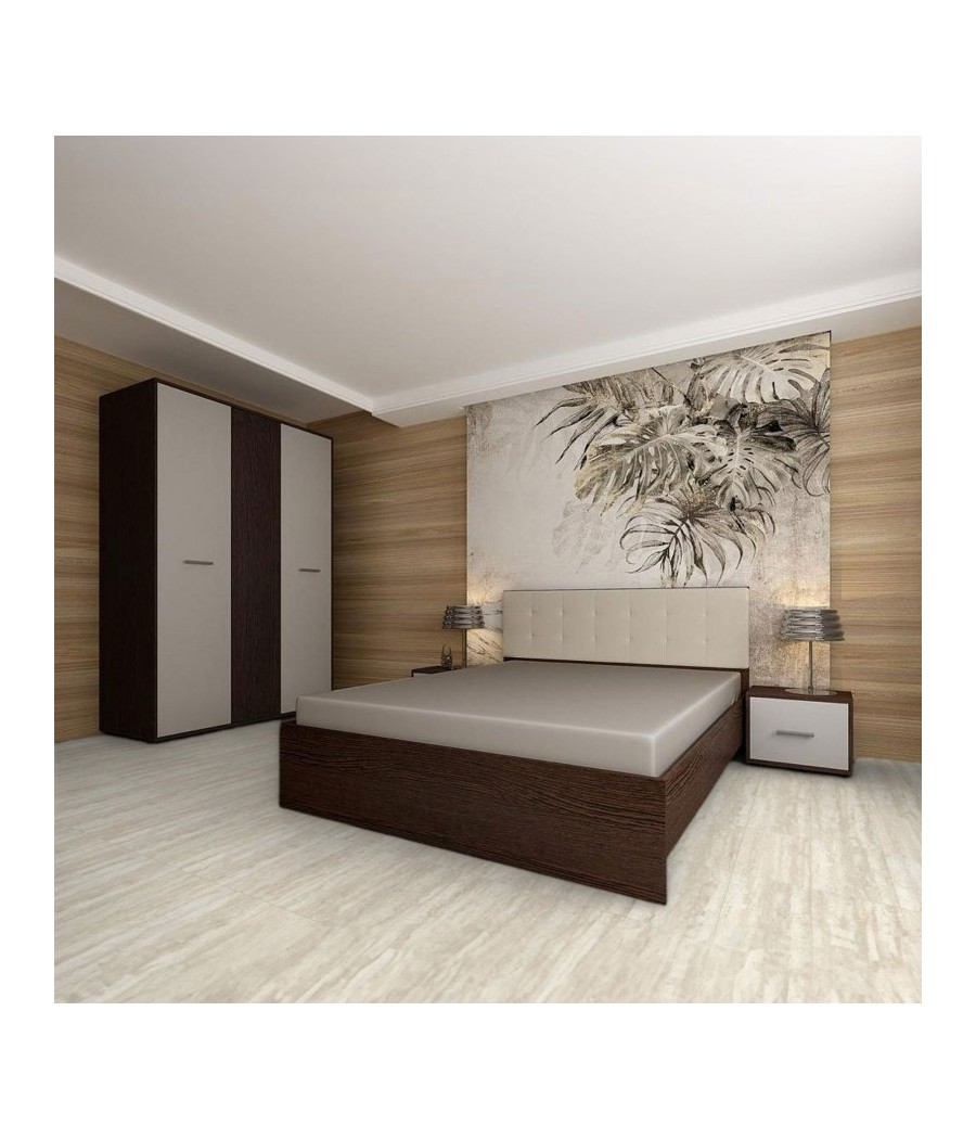 Dormitor Hera, 4 Piese, Pat Tablie Tapitata Alb 160 X 200, 2Noptiere, Dulap, Culoare Wenge/Alb
