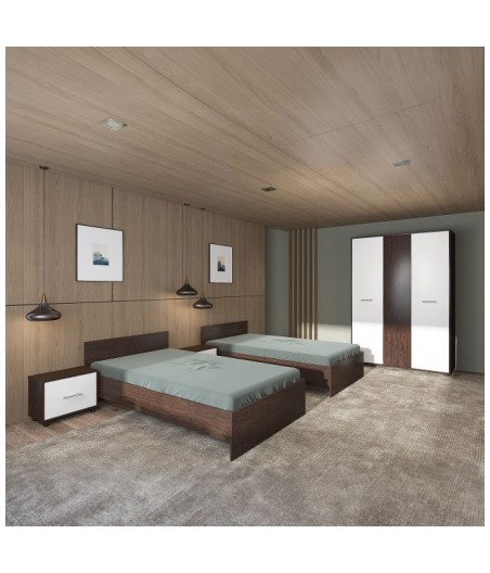 Dormitor Hera, 5 Piese, 2 x Pat , 2Noptiere, Dulap, Culoare Wenge/Alb