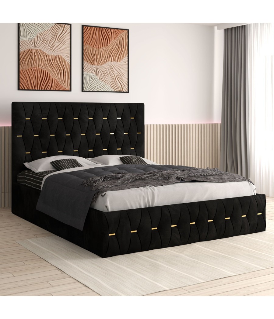 Pat Tapitat Eric Negru + Saltea Lux Ortopedica Pat Tapitat Eric Negru + Saltea Lux Ortopedica