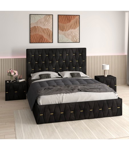 Pat Tapitat Eric Negru + Saltea Lux Ortopedica + Noptiere Tapitate