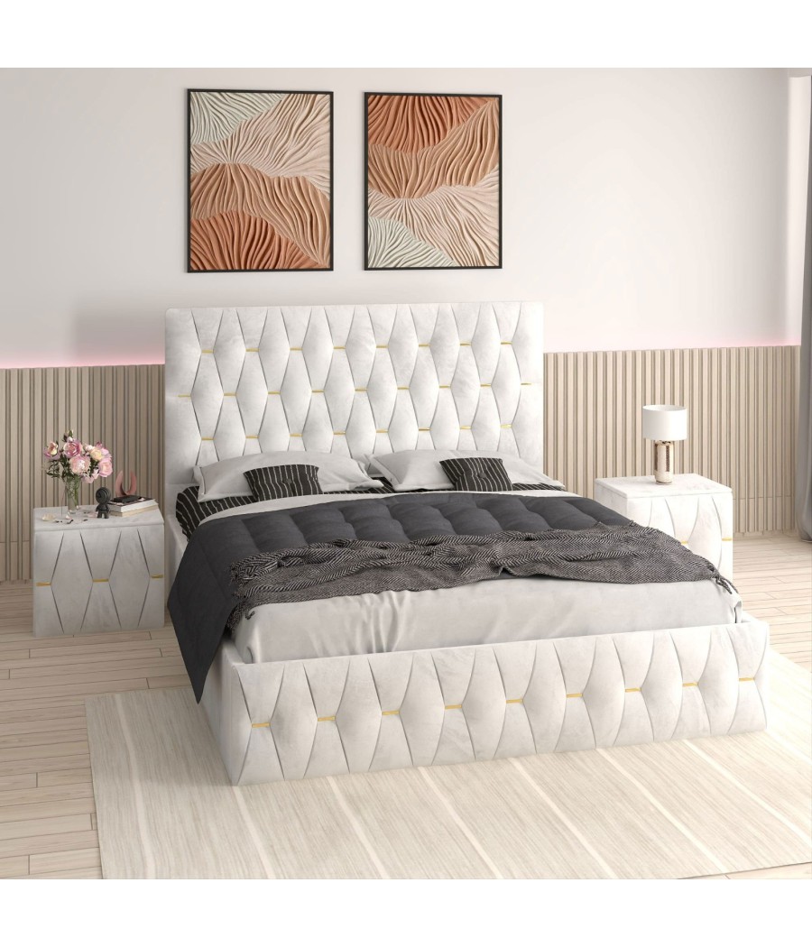 Pat Tapitat Eric Alb + Saltea Lux Ortopedica + Noptiere Tapitate