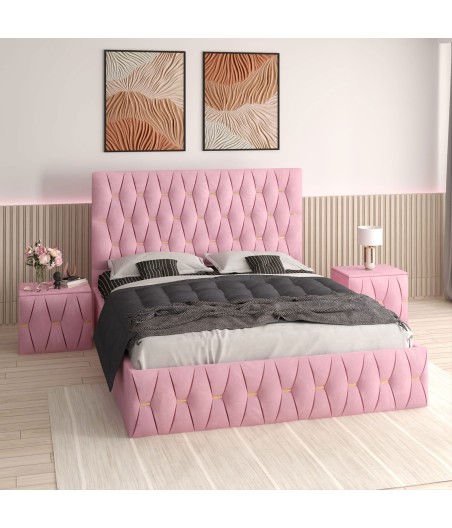 Pat Tapitat Eric Roz + Saltea Lux Ortopedica + Noptiere Tapitate