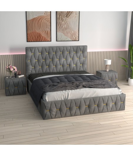 Pat Tapitat Eric Gri + Saltea Lux Ortopedica + Noptiere Tapitate