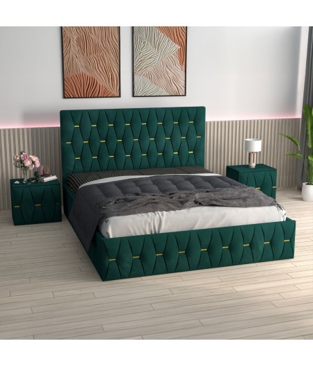 Pat Tapitat Eric Verde + Saltea Lux Ortopedica + Noptiere Tapitate