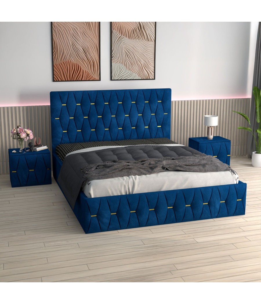 Pat Tapitat Eric Albastru + Saltea Lux Ortopedica + Noptiere Tapitate Pat Tapitat Eric Albastru + Saltea Lux Ortopedica + Noptiere Tapitate