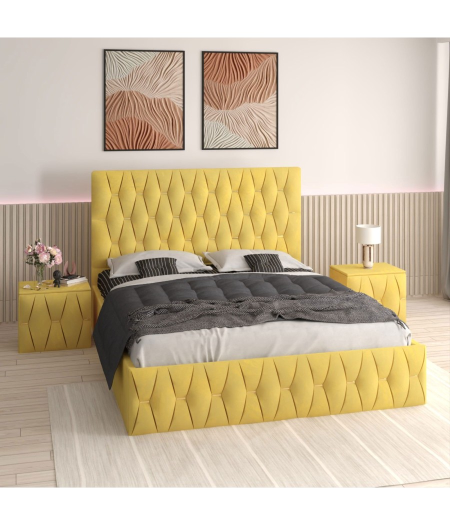 Pat Tapitat Eric Galben + Saltea Lux Ortopedica + Noptiere Tapitate Pat Tapitat Eric Galben + Saltea Lux Ortopedica + Noptiere Tapitate