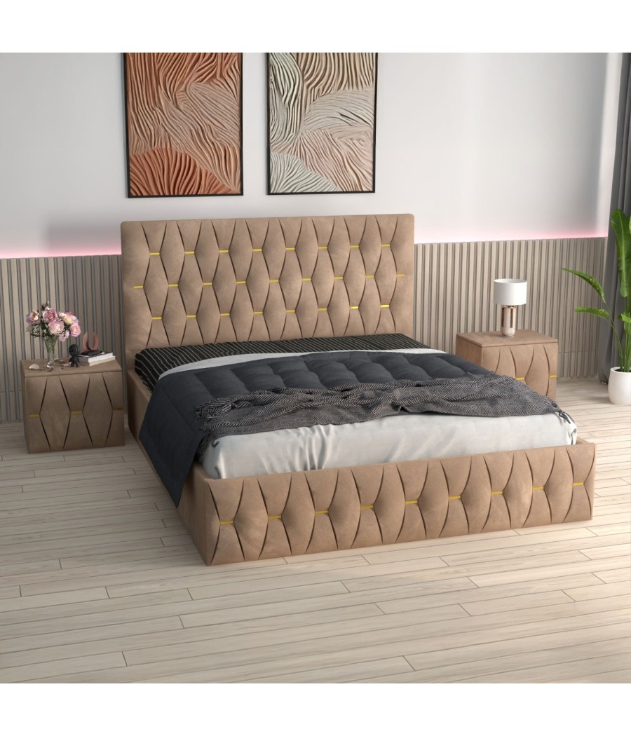 Pat Tapitat Eric Crem + Saltea Lux Ortopedica + Noptiere Tapitate Pat Tapitat Eric Crem + Saltea Lux Ortopedica + Noptiere Tapitate