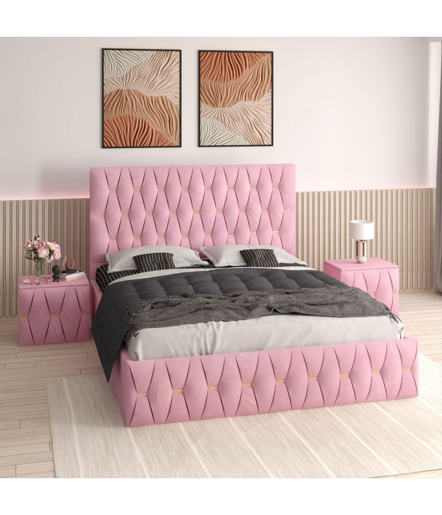 Pat Tapitat Eric Roz + Saltea Lux Ortopedica + Noptiere Tapitate Pat Tapitat Eric Roz + Saltea Lux Ortopedica + Noptiere Tapitate