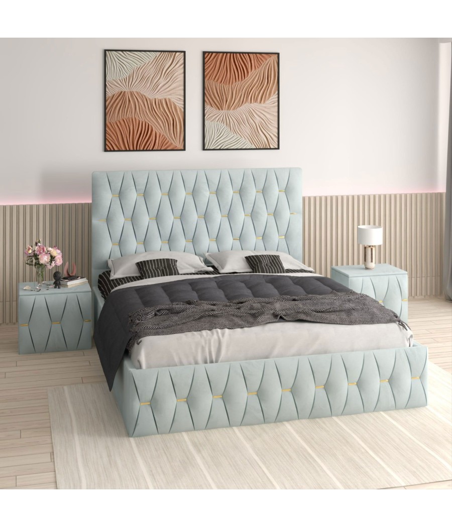 Pat Tapitat Eric Lemon + Saltea Lux Ortopedica + Noptiere Tapitate Pat Tapitat Eric Lemon + Saltea Lux Ortopedica + Noptiere Tapitate