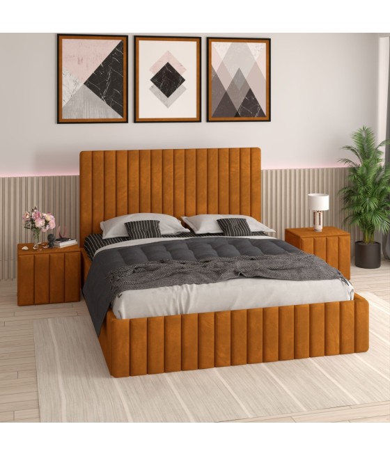 Pat Tapitat Luca Caramiziu + Saltea Lux Ortopedica + Noptiere Tapitate