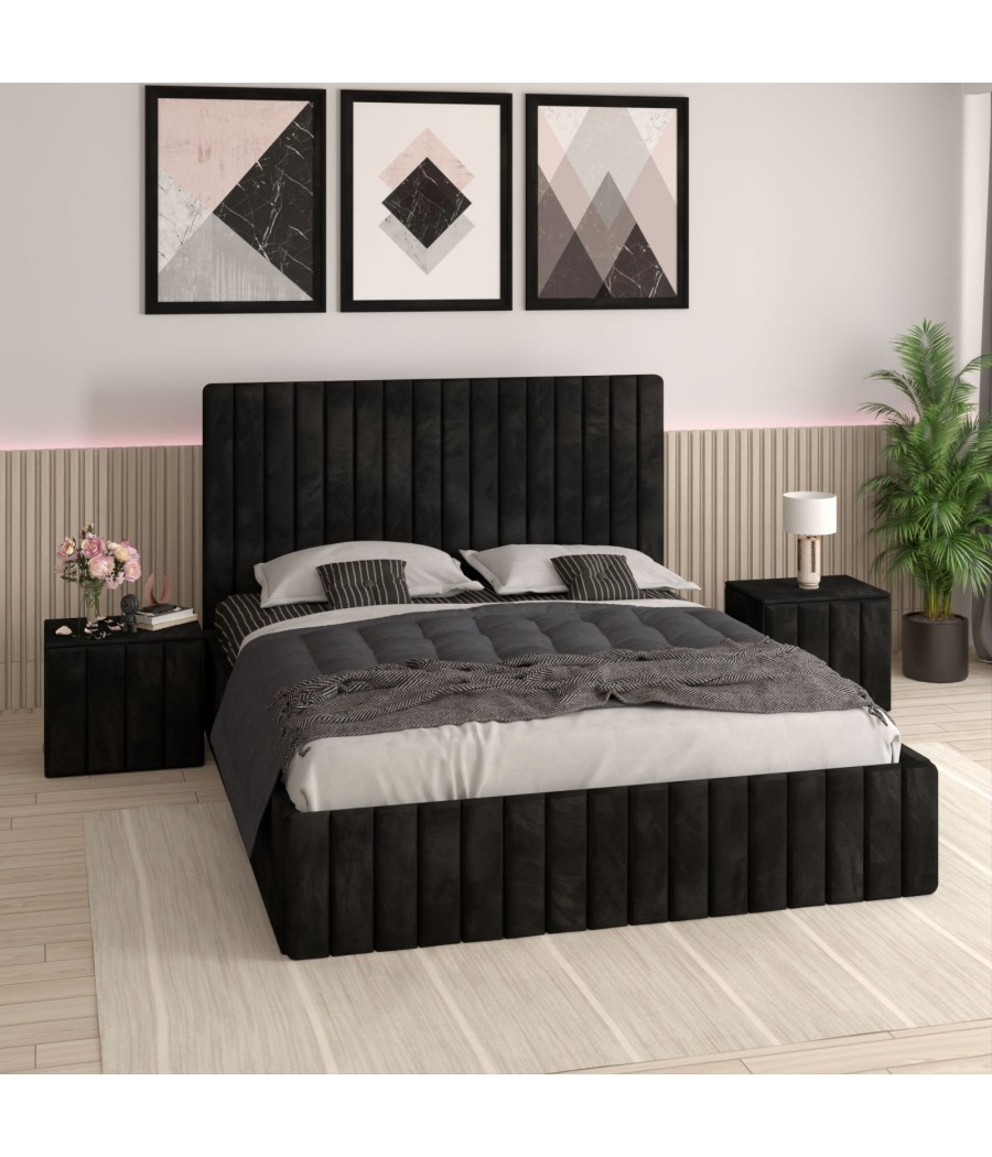 Pat Tapitat Luca Negru + Saltea Lux Ortopedica + Noptiere Tapitate Pat Tapitat Luca Negru + Saltea Lux Ortopedica + Noptiere Tapitate