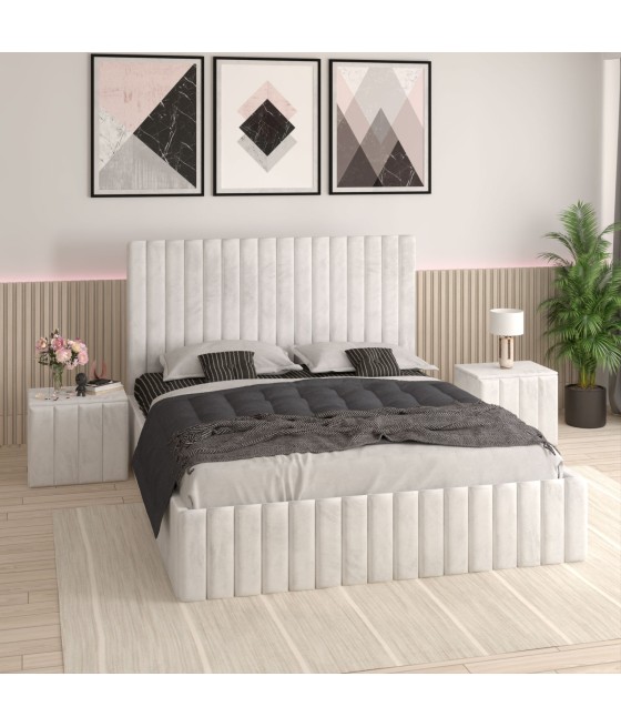 Pat Tapitat Luca Alb + Saltea Lux Ortopedica + Noptiere Tapitate