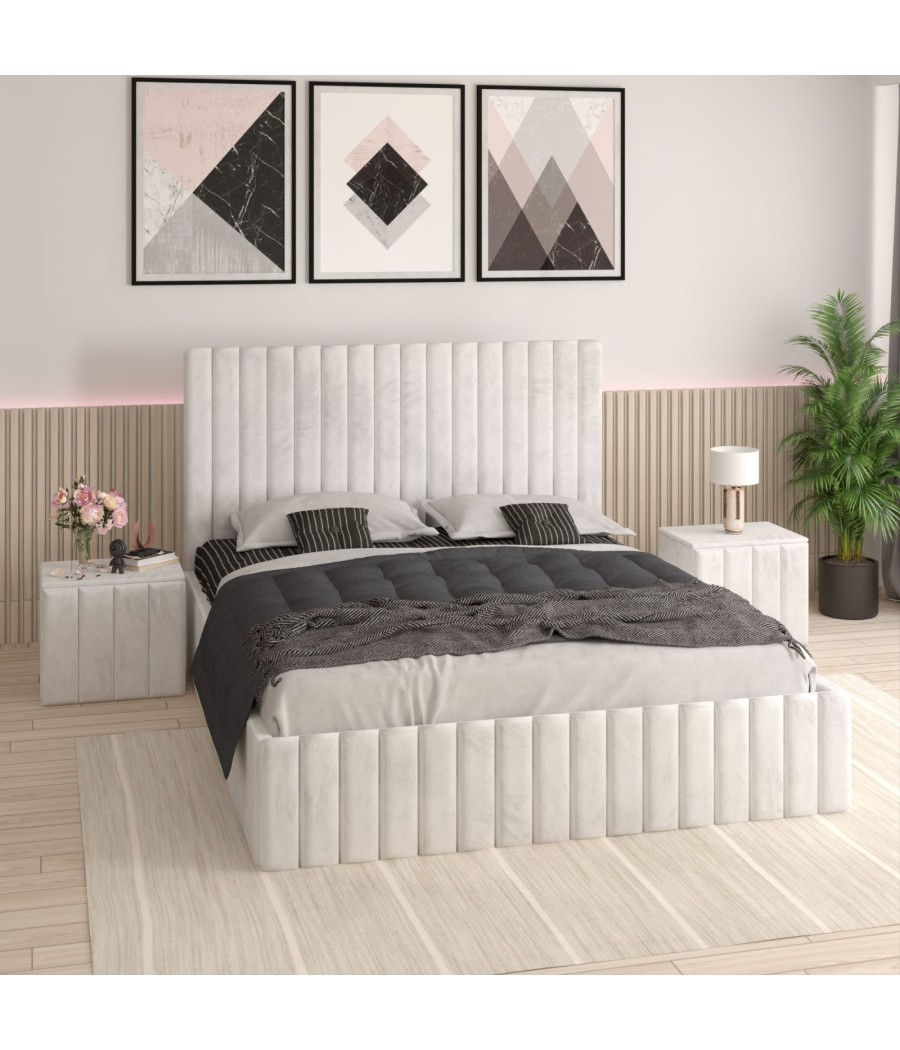 Pat Tapitat Luca Alb + Saltea Lux Ortopedica + Noptiere Tapitate Pat Tapitat Luca Alb + Saltea Lux Ortopedica + Noptiere Tapitate