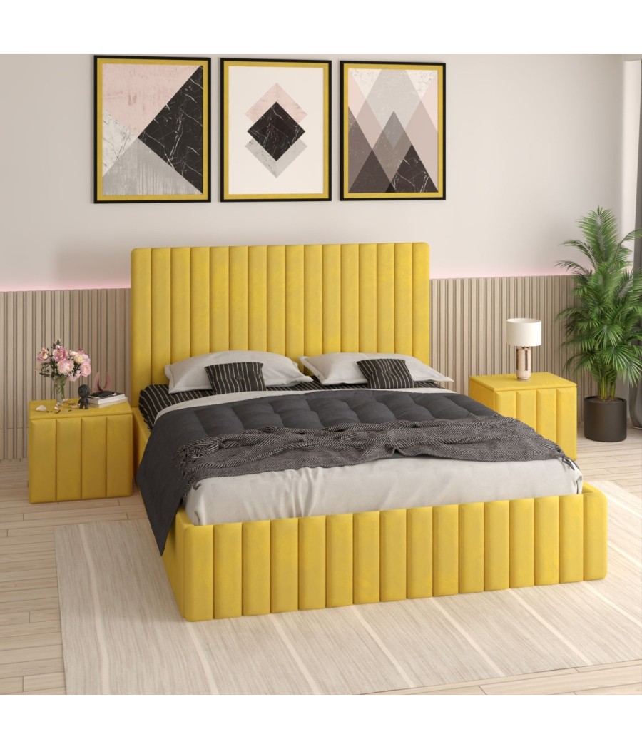 Pat Tapitat Luca Galben + Saltea Lux Ortopedica + Noptiere Tapitate Pat Tapitat Luca Galben + Saltea Lux Ortopedica + Noptiere Tapitate