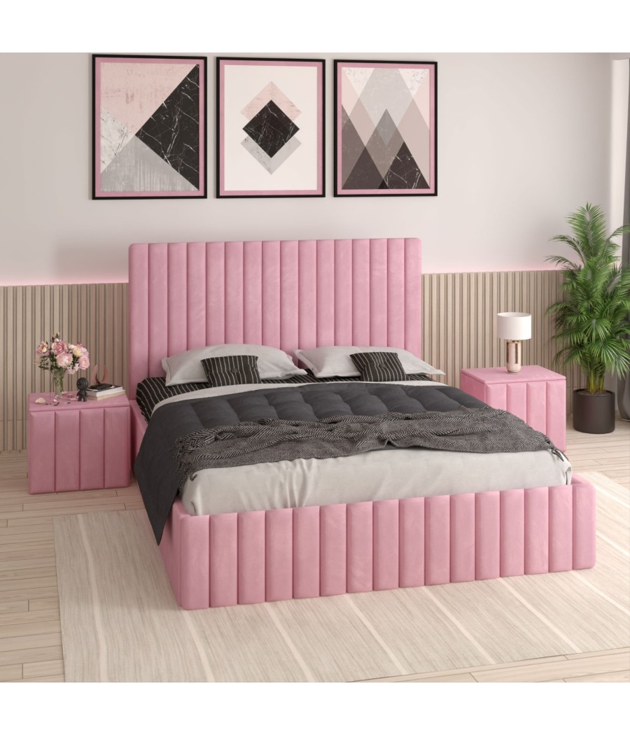 Pat Tapitat Luca Roz + Saltea Lux Ortopedica + Noptiere Tapitate Pat Tapitat Luca Roz + Saltea Lux Ortopedica + Noptiere Tapitate