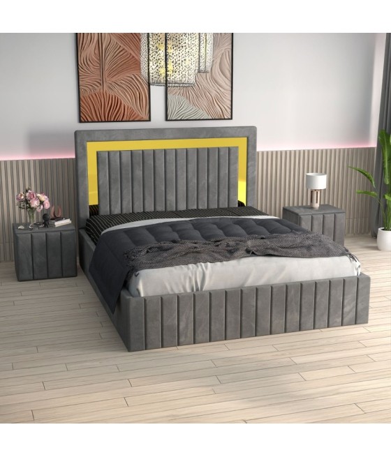 Pat Tapitat Ianis Gri + Saltea Lux Ortopedica + Noptiere Tapitate