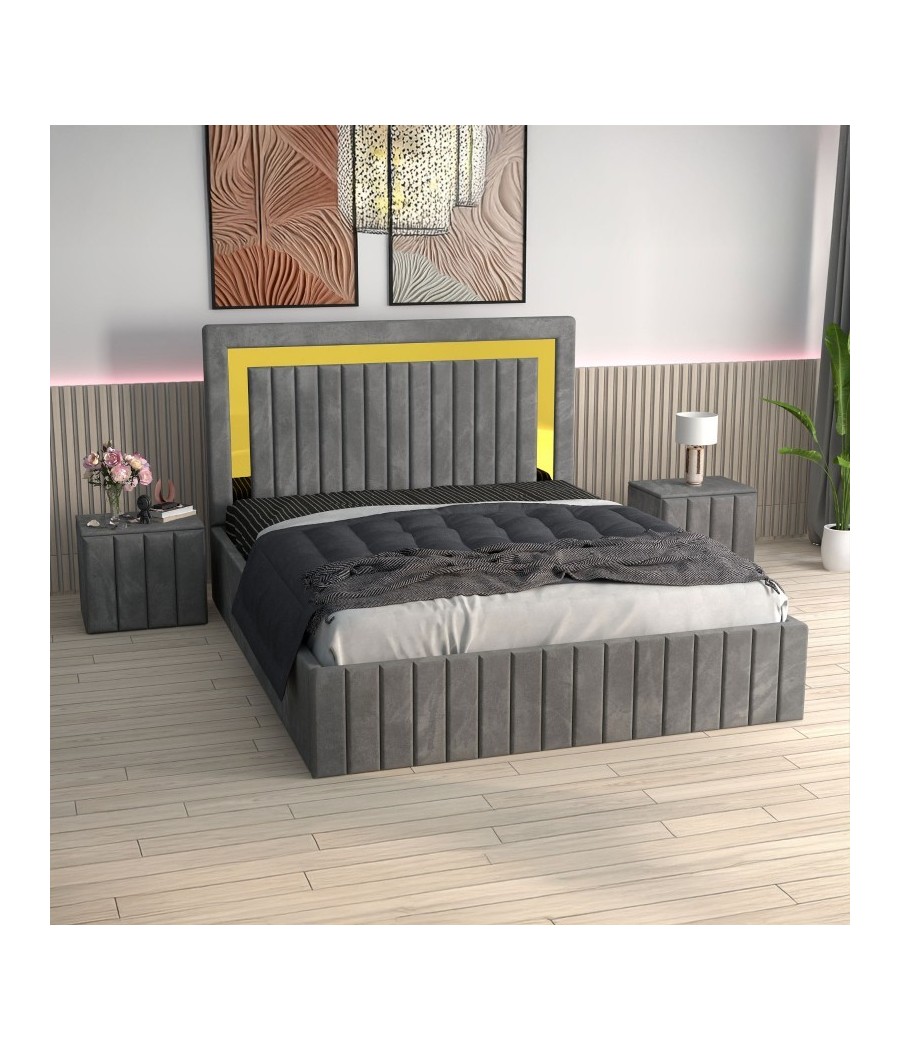 Pat Tapitat Ianis Gri + Saltea Lux Ortopedica + Noptiere Tapitate Pat Tapitat Ianis Gri + Saltea Lux Ortopedica + Noptiere Tapitate