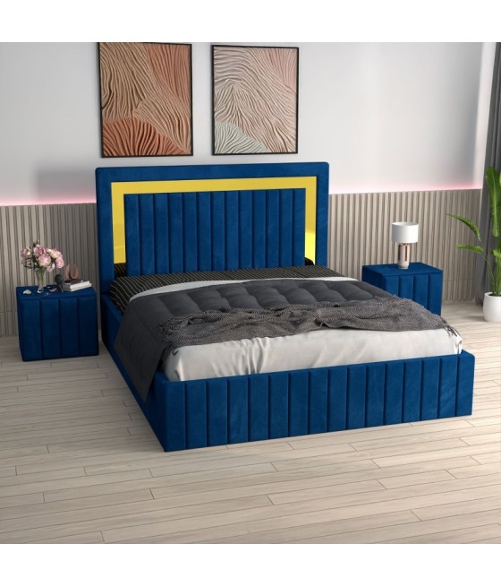 Pat Tapitat Ianis Albastru+ Saltea Lux Ortopedica + Noptiere Tapitate