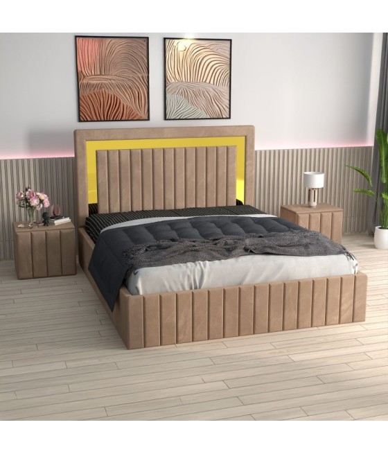 Pat Tapitat Ianis Crem + Saltea Lux Ortopedica + Noptiere Tapitate