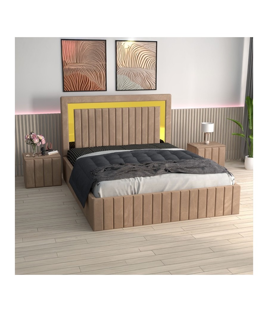 Pat Tapitat Ianis Crem + Saltea Lux Ortopedica + Noptiere Tapitate Pat Tapitat Ianis Crem + Saltea Lux Ortopedica + Noptiere Tapitate