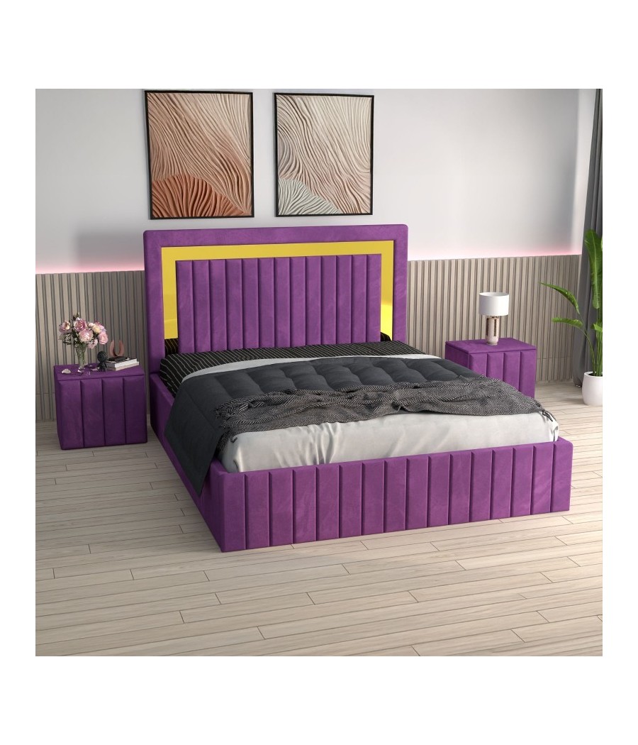 Pat Tapitat Ianis Mov + Saltea Lux Ortopedica + Noptiere Tapitate