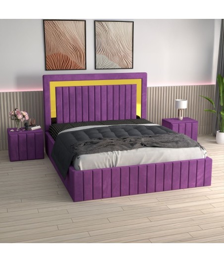 Pat Tapitat Ianis Mov + Saltea Lux Ortopedica + Noptiere Tapitate