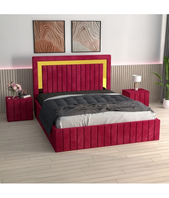 Pat Tapitat Ianis Rosu + Saltea Lux Ortopedica + Noptiere Tapitate