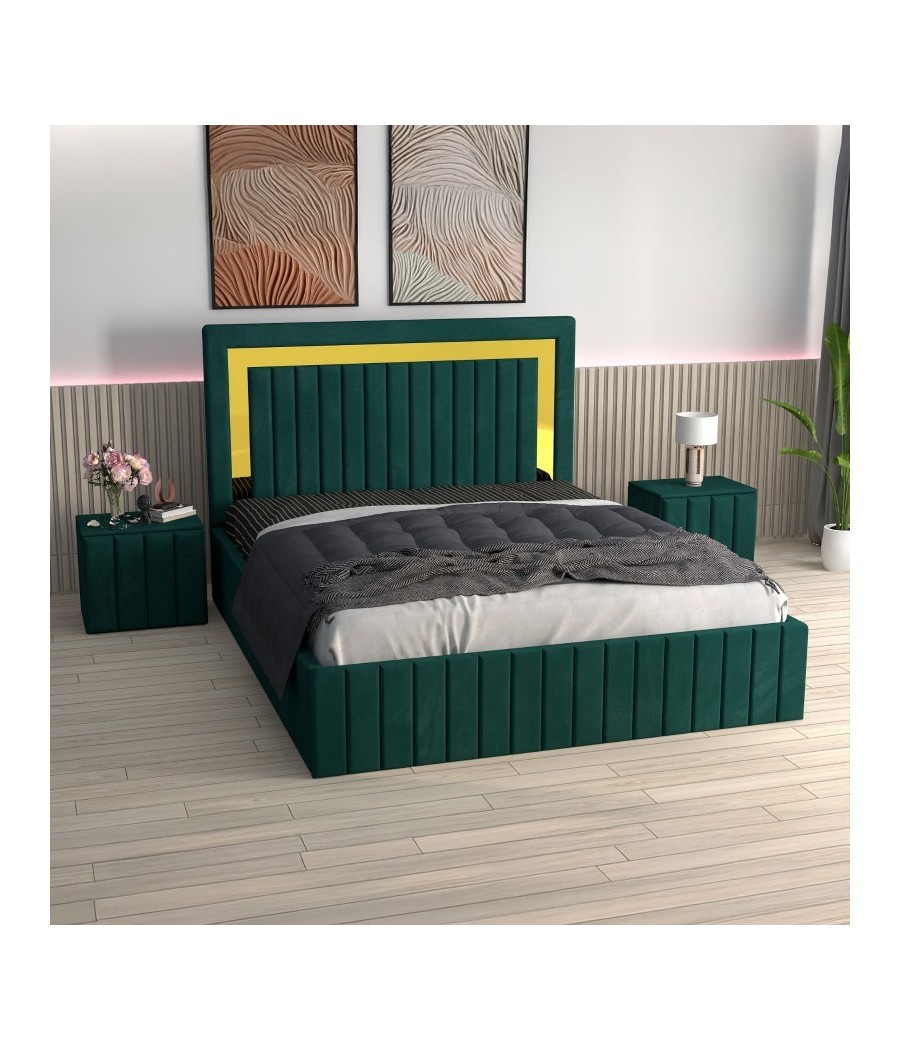 Pat Tapitat Ianis Verde + Saltea Lux Ortopedica + Noptiere Tapitate Pat Tapitat Ianis Verde + Saltea Lux Ortopedica + Noptiere Tapitate