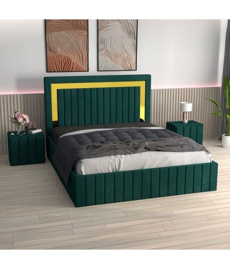 Pat Tapitat Ianis Verde + Saltea Lux Ortopedica + Noptiere Tapitate