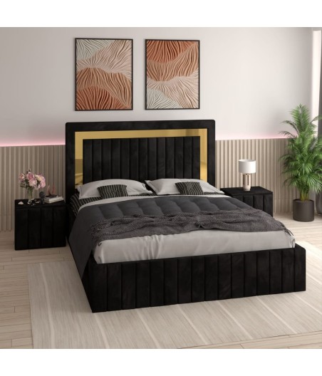 Pat Tapitat Ianis Negru+ Saltea Lux Ortopedica + Noptiere Tapitate