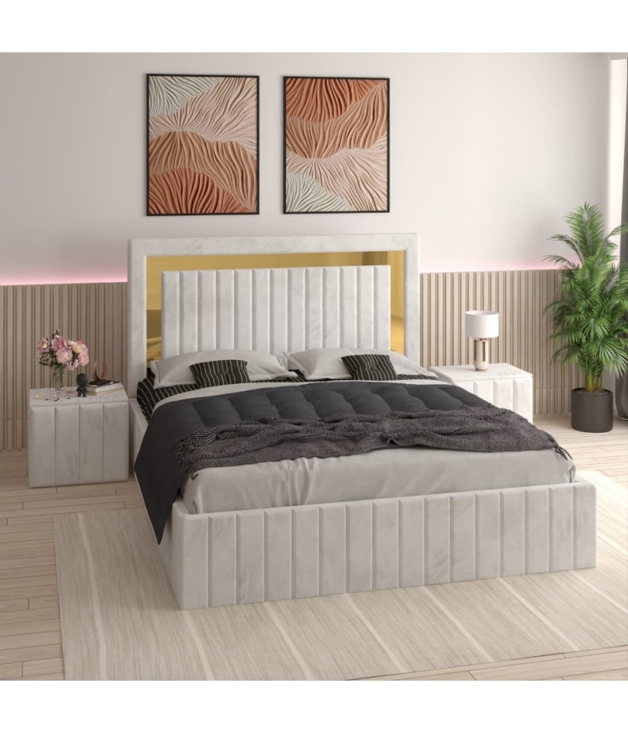 Pat Tapitat Ianis Alb + Saltea Lux Ortopedica + Noptiere Tapitate Pat Tapitat Ianis Alb + Saltea Lux Ortopedica + Noptiere Tapitate