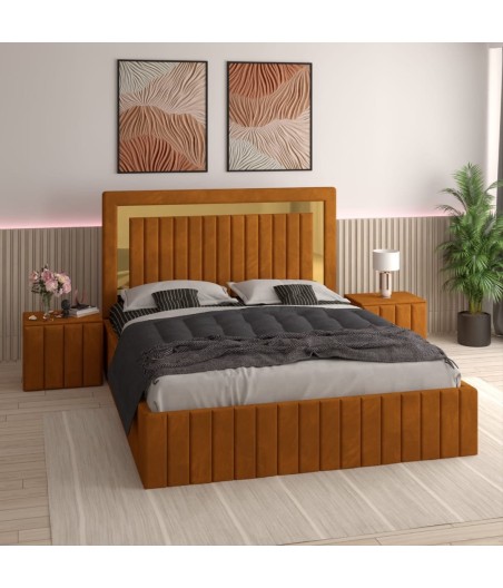 Pat Tapitat Ianis Caramiziu + Saltea Lux Ortopedica + Noptiere Tapitate