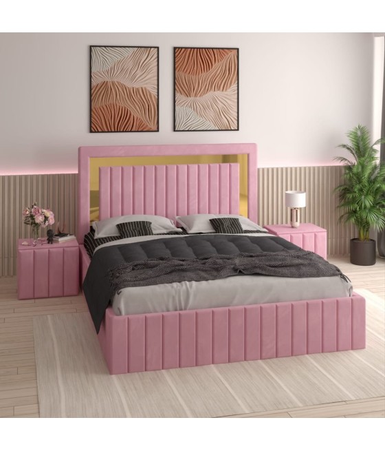 Pat Tapitat Ianis Roz + Saltea Lux Ortopedica + Noptiere Tapitate