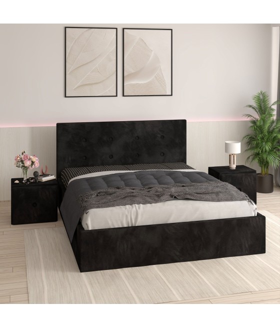 Pat Tapitat Filip Negru+ Saltea Lux Ortopedica + Noptiere Tapitate