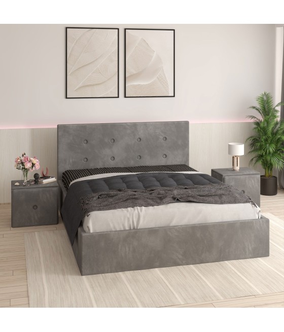 Pat Tapitat Filip Gri + Saltea Lux Ortopedica + Noptiere Tapitate