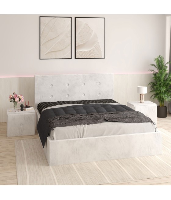 Pat Tapitat Filip Alb + Saltea Lux Ortopedica + Noptiere Tapitate