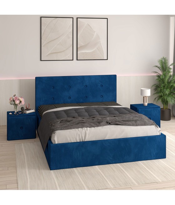 Pat Tapitat Filip Albastru + Saltea Lux Ortopedica + Noptiere Tapitate