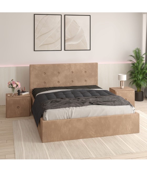 Pat Tapitat Filip Crem + Saltea Lux Ortopedica + Noptiere Tapitate