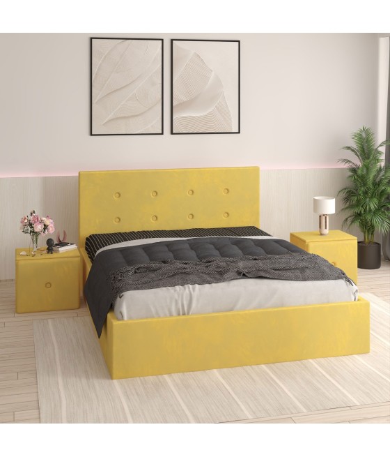 Pat Tapitat Filip Galben + Saltea Lux Ortopedica + Noptiere Tapitate