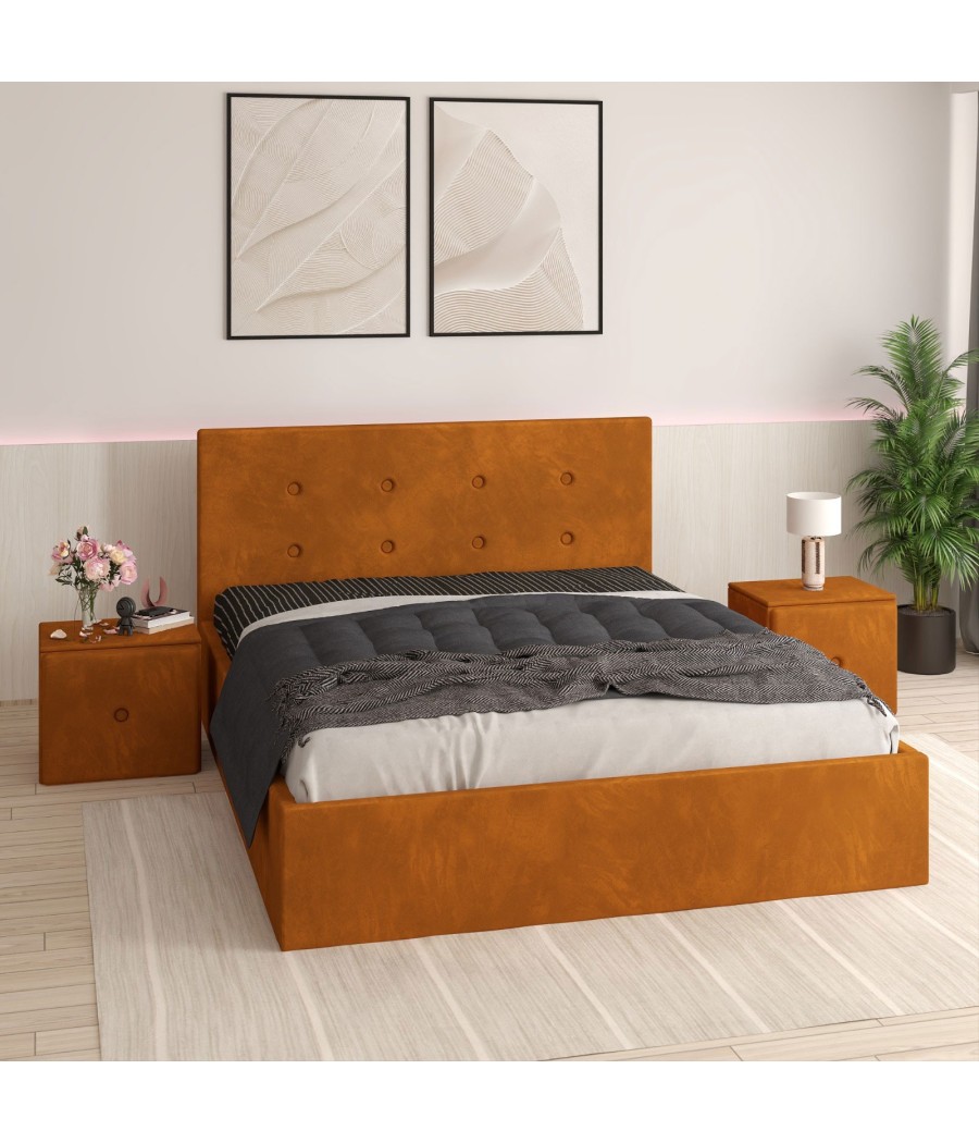 Pat Tapitat Filip Caramiziu+ Saltea Lux Ortopedica + Noptiere Tapitate