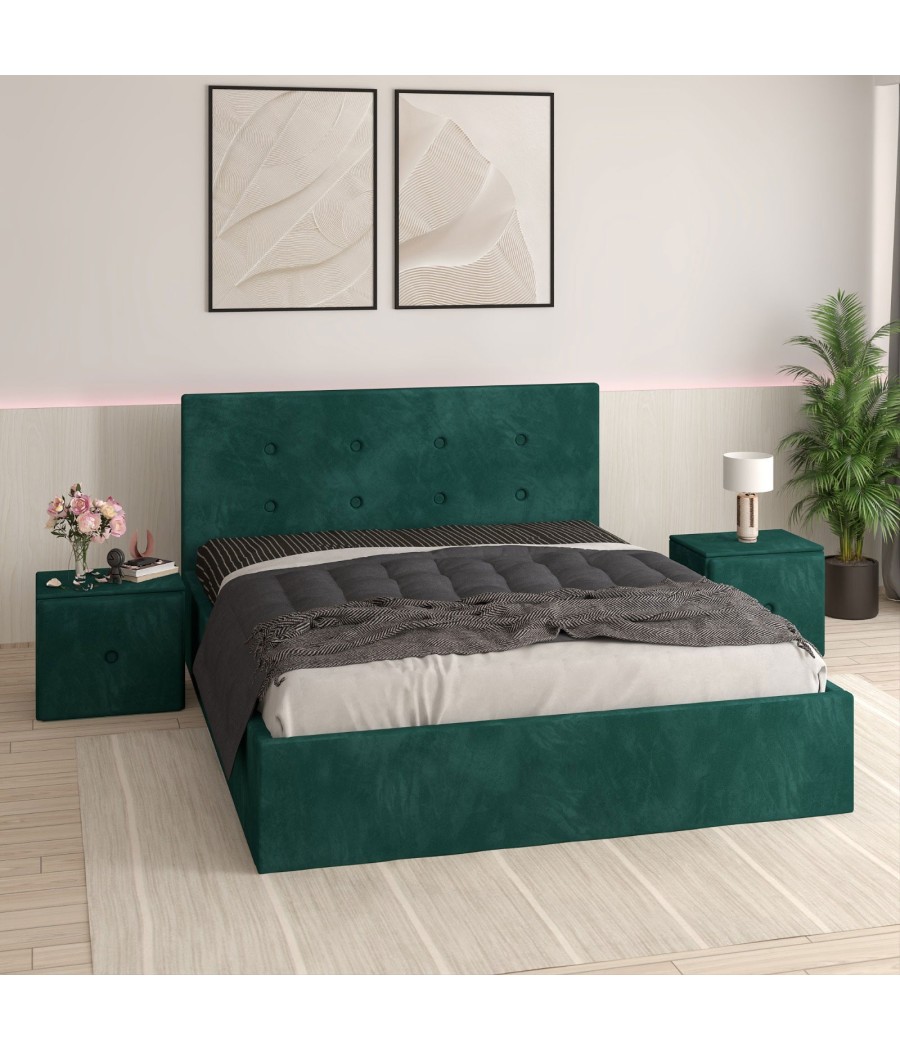 Pat Tapitat Filip Verde + Saltea Lux Ortopedica + Noptiere Tapitate