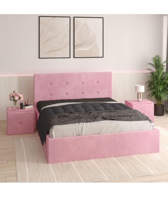 Pat Tapitat Filip Roz + Saltea Lux Ortopedica + Noptiere Tapitate