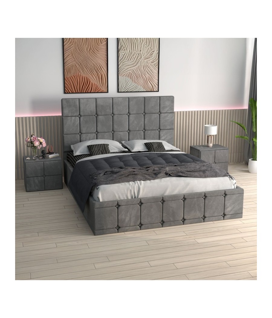 Pat Ven03 Gri +Noptiere Tapitate+ Saltea Lux Ortopedica