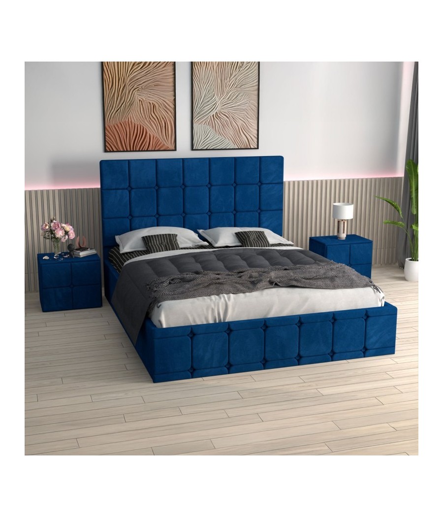 Pat Ven03 Albastru +Noptiere Tapitate+ Saltea Lux Ortopedica