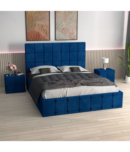 Pat Ven03 Albastru +Noptiere Tapitate+ Saltea Lux Ortopedica